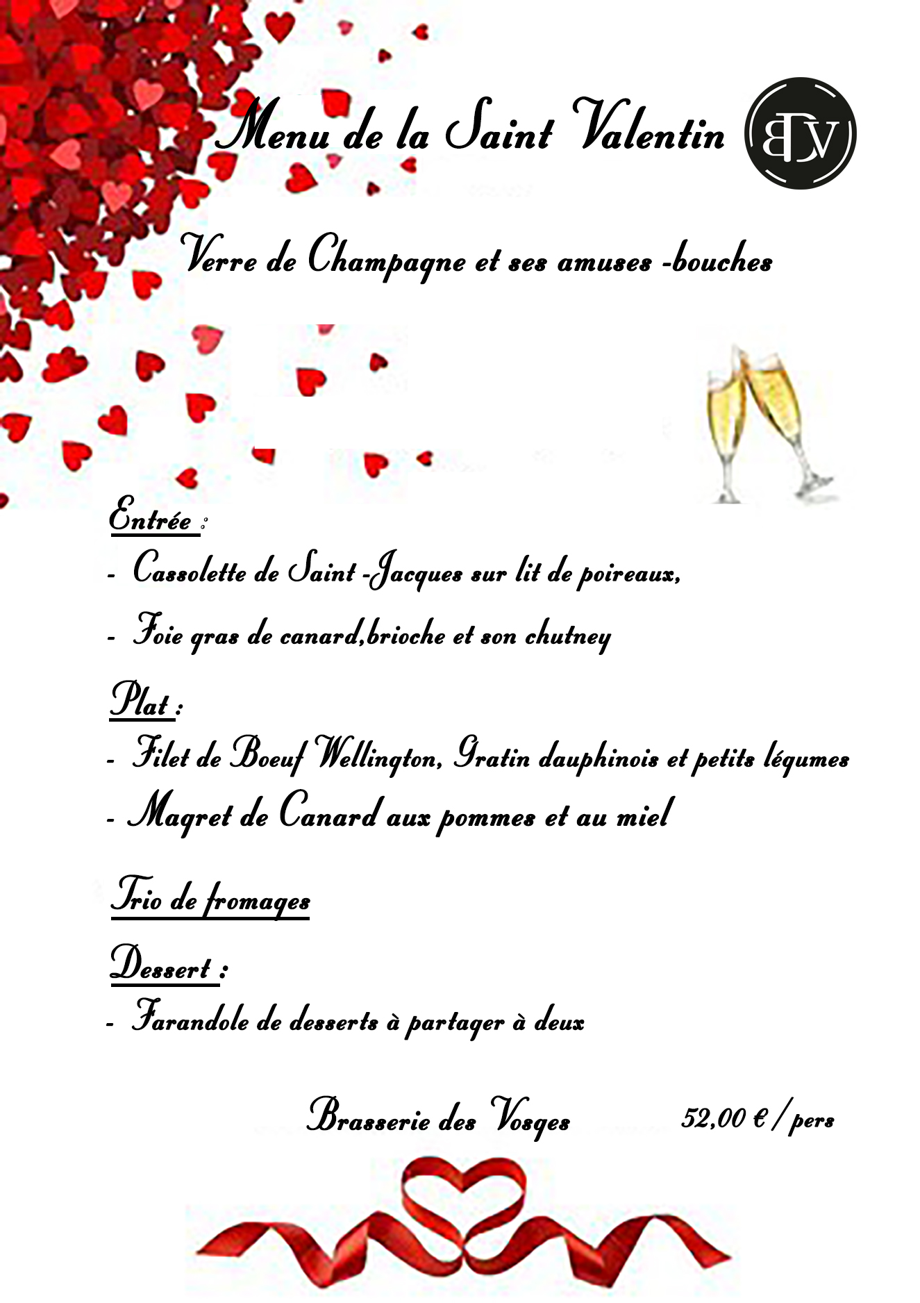 MENU ST VALETIN | Brasserie des Vosges Saint-Valentin 2023 : Découvrez le Menu Obernai 0